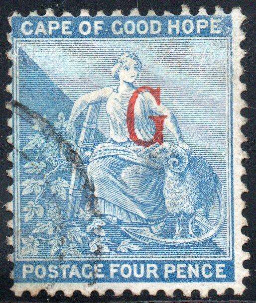 GRIQUALAND WEST 1877-8 SG7d 1st PRINTING 4d DULL BLUE, O/P TYPE 4 IN RED - VFU - CV £140+(2017)