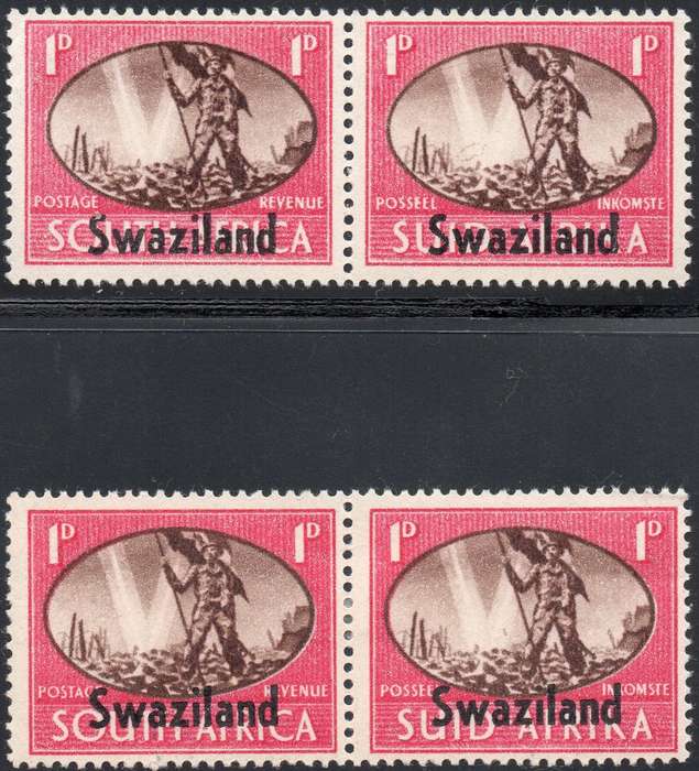 SWAZILAND 1945 SACC38/38a 1d PAIR, TOP PAIR WITH ''BARBED WIRE'' VARIETY - UM/MM - CV R565