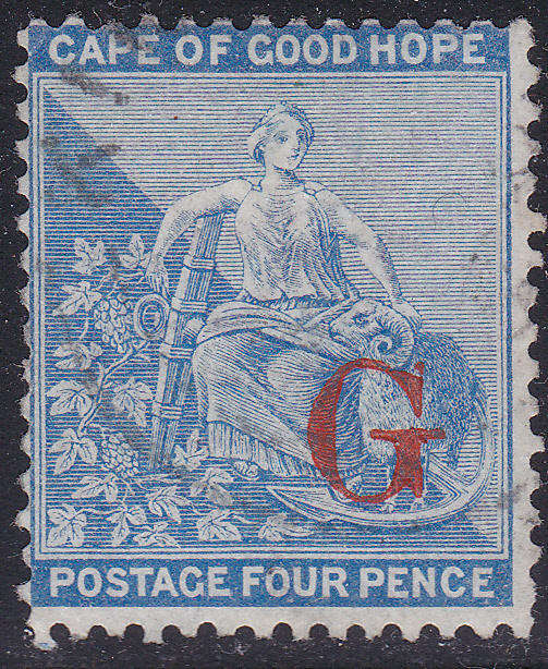 GRIQUALAND WEST 1877-8 SG7b 1st PRINTING 4d DULL BLUE, O/P TYPE 2 IN RED - VFU - CV £140+(2017)