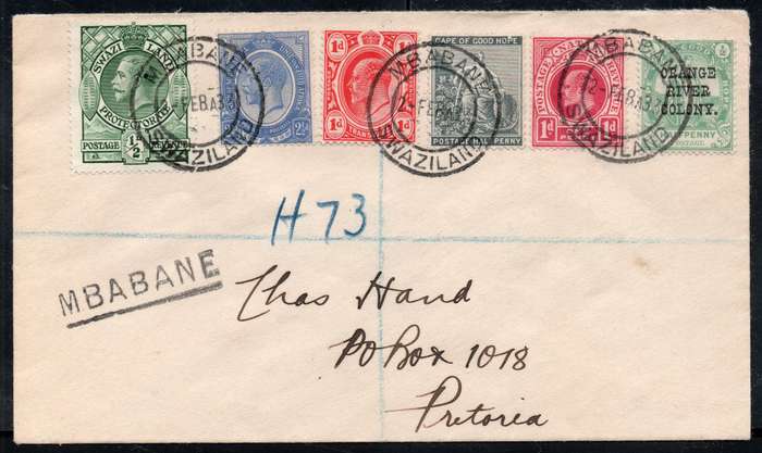 Union of SA / Swaziland : Multiple Provincial Franking Cover  - dd 2 Feb 1933 - SEE SCANS