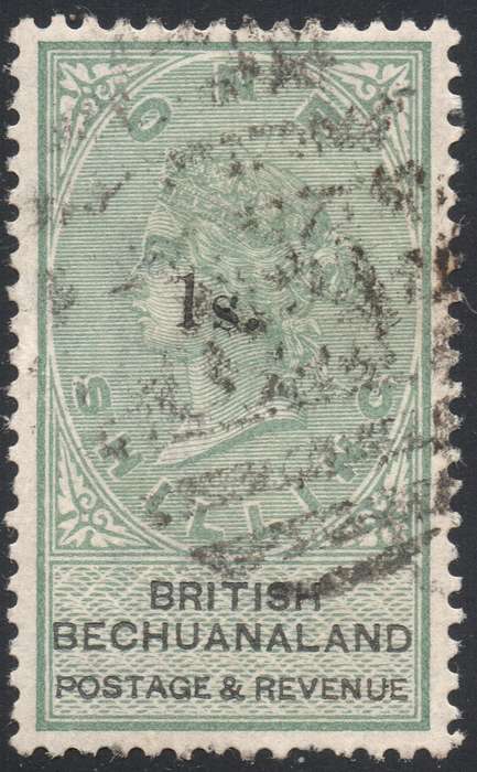 BRITISH BECHUANALAND 1888 SACC26 1/- ON 1/- GREEN & BLACK  VFU CV R3000