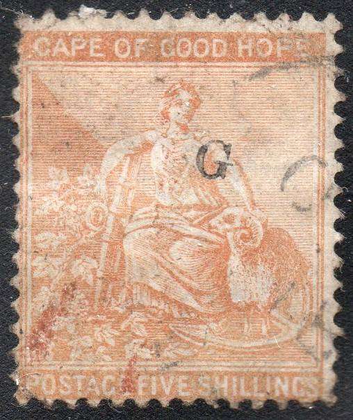 GRIQUALAND WEST 1879 SACC24 5/- YELLOW-ORANGE, O/P TYPE17 IN RED - VFU