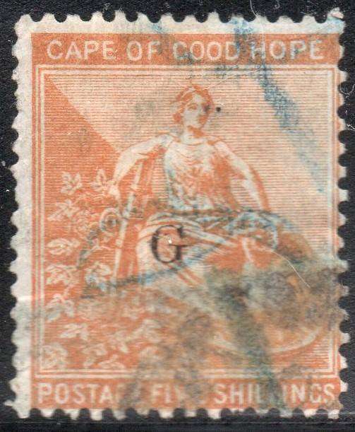 GRIQUALAND WEST 1879 SACC24 5/- YELLOW-ORANGE, O/P TYPE17 IN RED - VFU