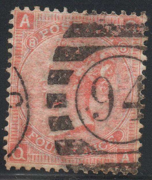 GREAT BRITAIN 1866 SG94 4d VERMILLION (PLATE 8) FINE USED  CV £90+(2017)
