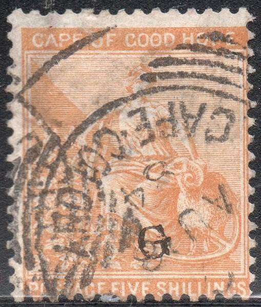 GRIQUALAND WEST 1879 SACC24 5/- YELLOW-ORANGE, O/P TYPE17 IN RED - VFU