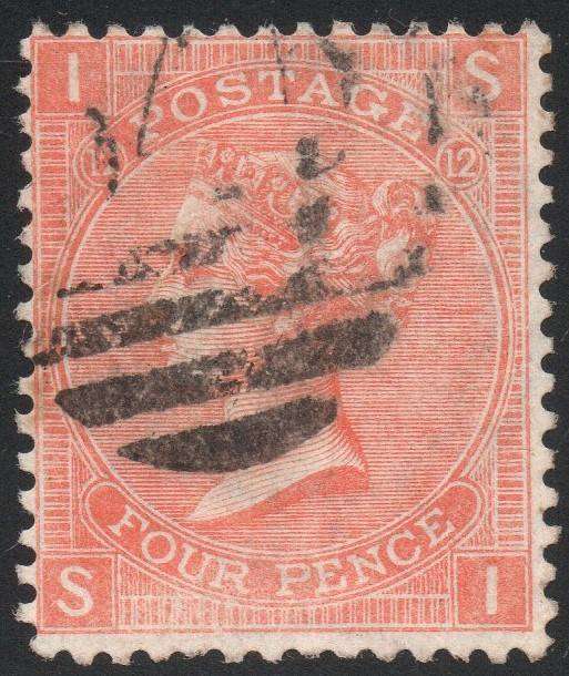 GREAT BRITAIN 1872 SG94 4d VERMILLION (PLATE 12) VFU  CV £75+(2017)