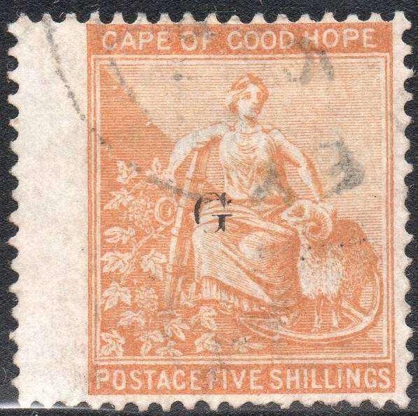 GRIQUALAND WEST 1879 SACC24 5/- YELLOW-ORANGE, O/P TYPE17 IN RED - VFU