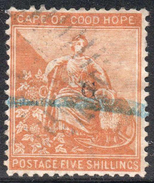 GRIQUALAND WEST 1879 SACC24 5/- YELLOW-ORANGE, O/P TYPE17 IN RED - VFU