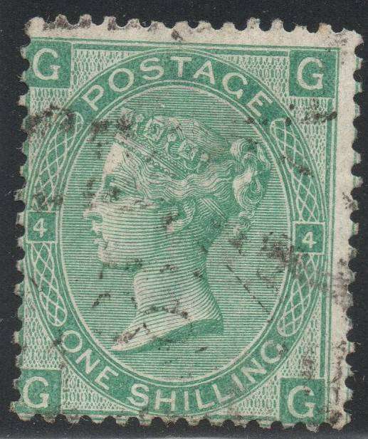 GREAT BRITAIN 1867 SG117 1/- GREEN(PLATE 4) VFU  CV £65+(2017)