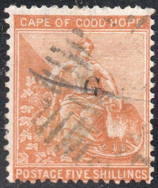 GRIQUALAND WEST 1879 SACC24 5/- YELLOW-ORANGE, O/P TYPE17 IN RED - VFU