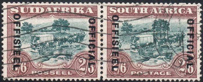 Union of SA - 1930-47 OFFICIALS - SACC20 2s6d GREEN & BROWN PAIR VFU - CV R1200