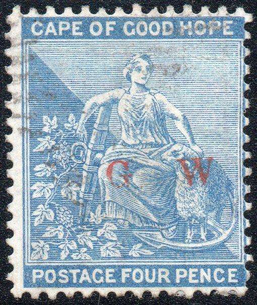Griqualand West 1877 SG3 - 4d BLUE WITH O/P TYPE T1 IN RED - VFU CV £80+(2017)