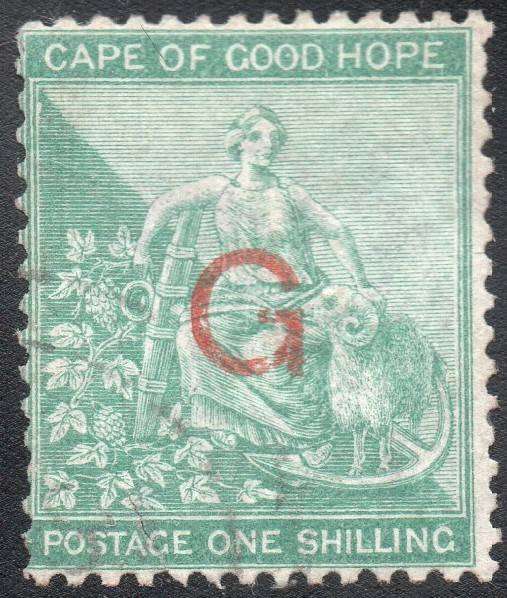GRIQUALAND WEST 1877-8 1st PRINTING  SACC9f 1/- GREEN , O/P TYPE 6 IN RED - FINE USED