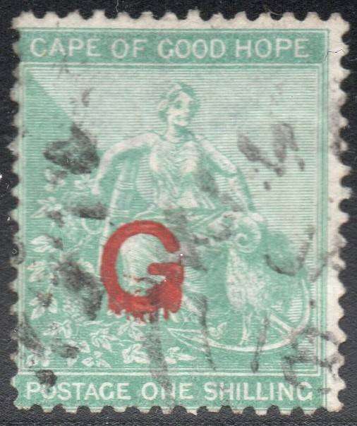 GRIQUALAND WEST 1877-8 1st PRINTING  SACC9f 1/- GREEN , O/P TYPE 6 IN RED - VFU