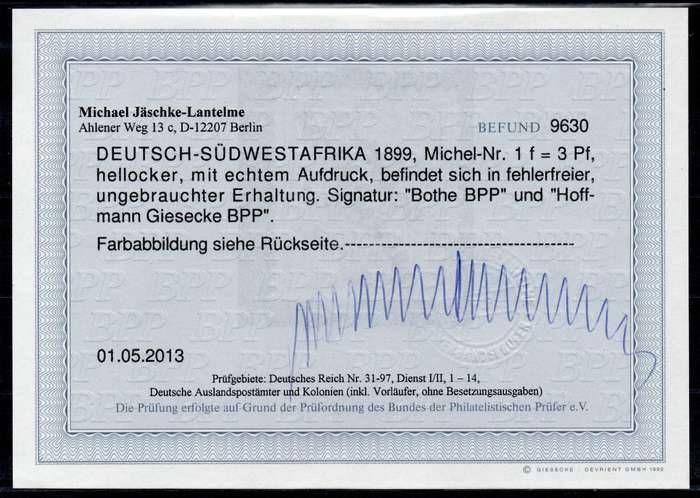 GERMAN SWA 1898 SACC7d 3Pfg LIGHT OCHRE - MM WITH CERTIFICATE - CV R23000