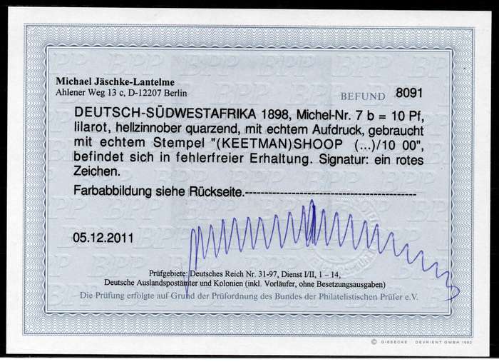 GERMAN SWA 1898 SACC9a 10Pfg VERMILLION RED - VFU WITH CERTIFICATE - CV R6000