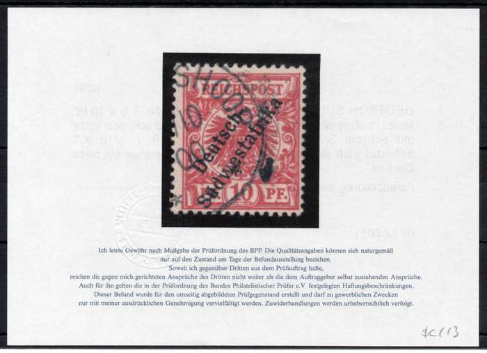 GERMAN SWA 1898 SACC9a 10Pfg VERMILLION RED - VFU WITH CERTIFICATE - CV R6000