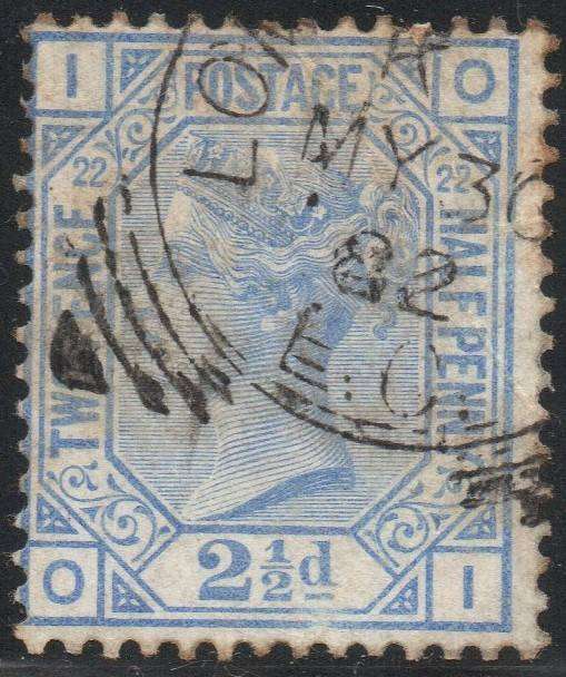 GREAT BRITAIN 1881 SG157 2½d BLUE (PLATE22) - VFU - CV £45+(2017)