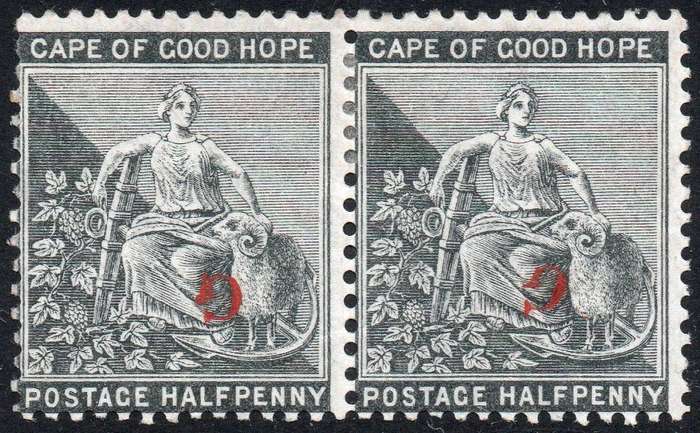 Griqualand West SG14a & SG15a - ½d GREY-BLACK PAIR - O/P TYPES 15 & 16, BOTH INVERTED IN RED - RARE