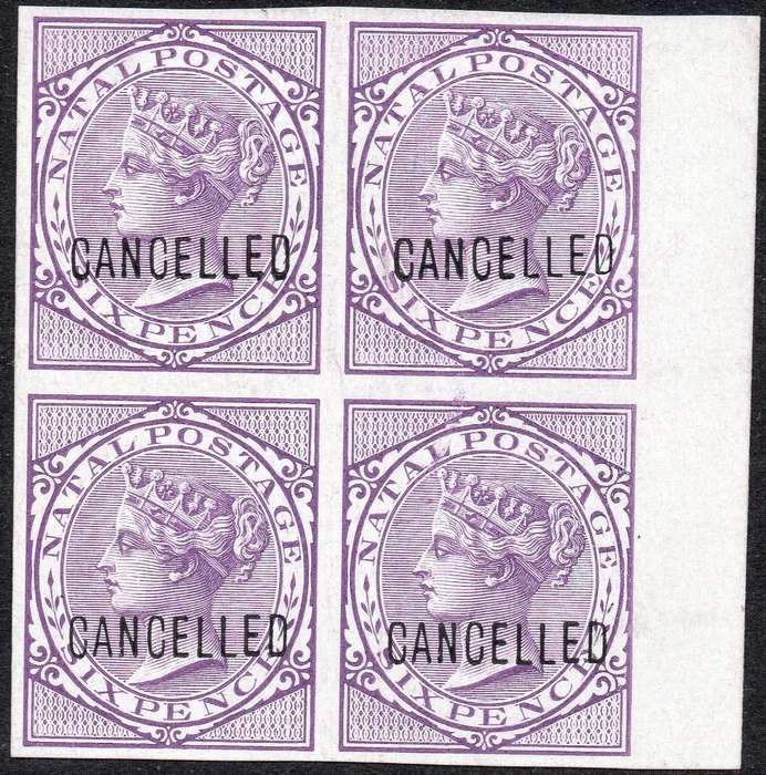NATAL SACC74 6d LILAC IMPERF MARGINAL  BO4 OVERPRINTED ''CANCELLED''