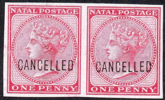 NATAL SACC71 1d  ROSE-CARMINE IMPERF PAIR OVERPRINTED ''CANCELLED''