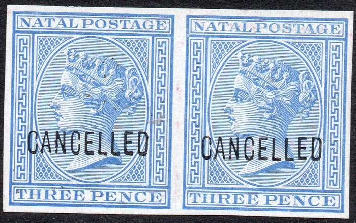 NATAL SACC72 3d ULTRAMARINE IMPERF PAIR OVERPRINTED ''CANCELLED''