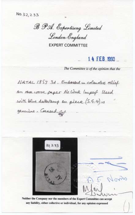 NATAL 1857-61 SACC4 : 3d EMBOSSED ON ROSE PAPER ON PIECE - VFU - CERTIFICATE - CV R13000