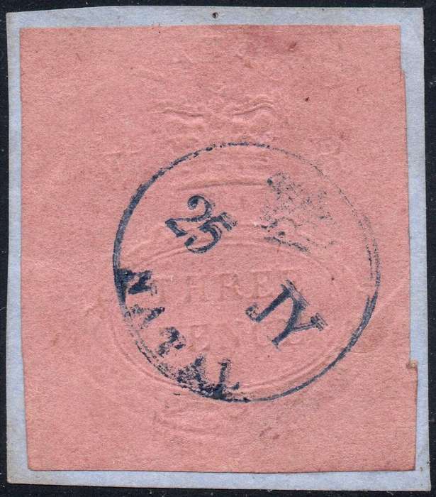 NATAL 1857-61 SACC4 : 3d EMBOSSED ON ROSE PAPER ON PIECE - VFU - CERTIFICATE - CV R13000