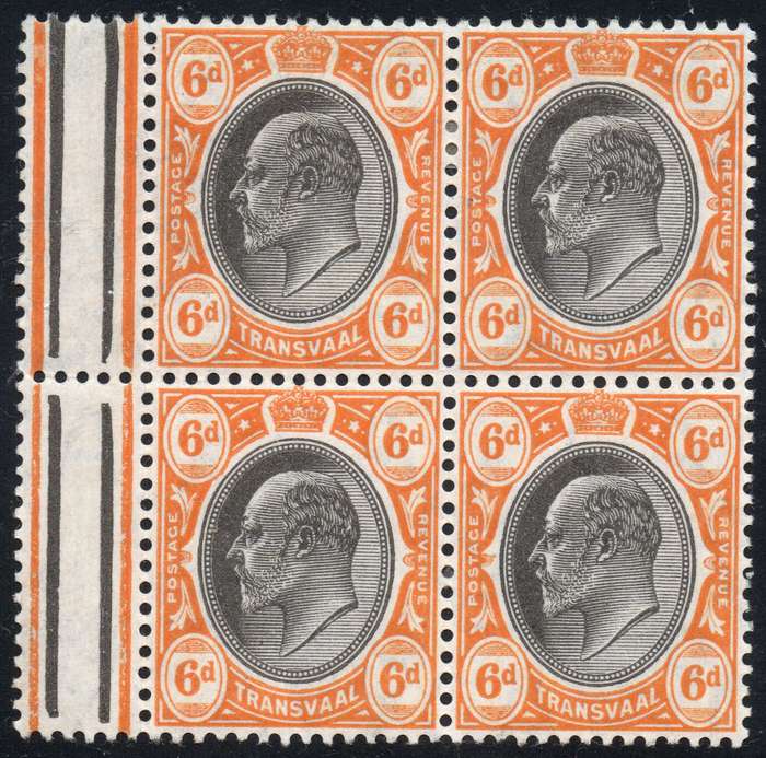 TRANSVAAL 1905 SACC272 6d BLACK & ORANGE WM MULTIPLE CROWN CA MARGINAL BO4 MM/UM CV R2500