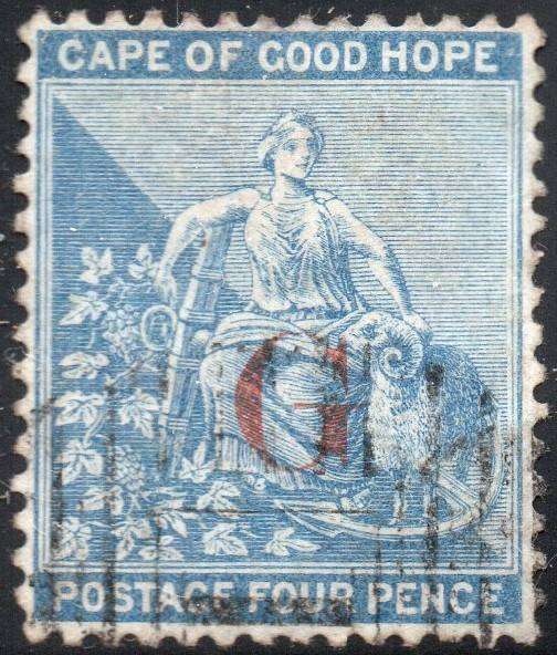 GRIQUALAND WEST 1877-8 SG7b 1st PRINTING 4d DULL BLUE, O/P TYPE 2 IN RED - VFU - CV £140+(2017)