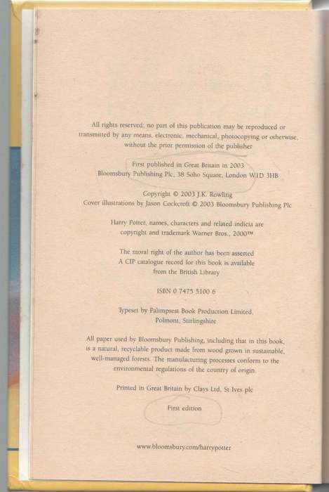HARRY POTTER AND THE ORDER OF THE PHOENIX - J K ROWLING (1 ST PUBLISHED 2003)