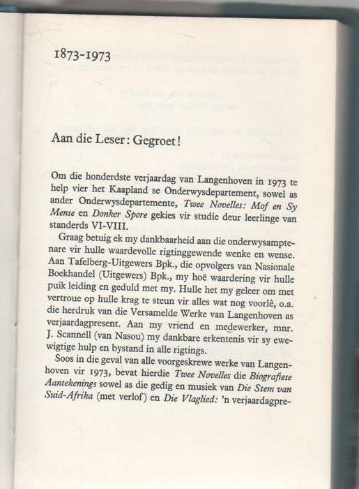 TWEE NOVELLES: MOF EN SY MENSE EN DONKER SPORE - C J LANGENHOVEN (1 STE UITGAWE 1972)