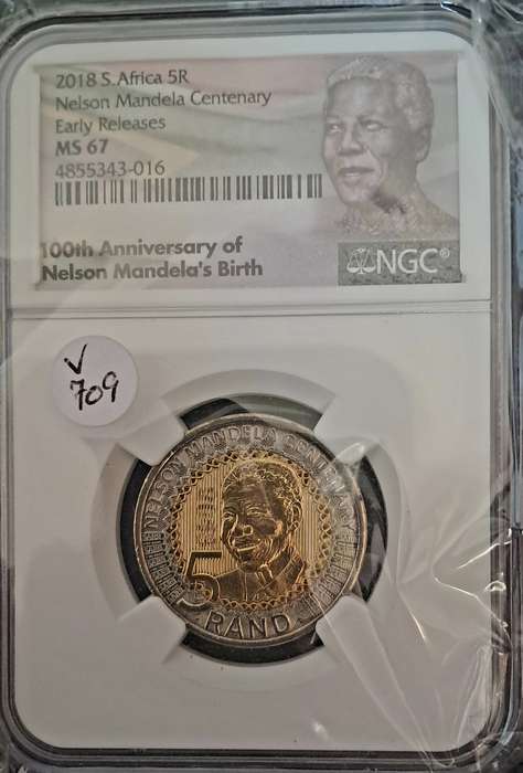 2018 MS67 Mandela Centenary 5 Rand Coin