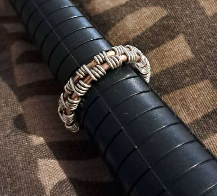 Handmade Copper and Brass Ring woven with Sterling Silver Wire