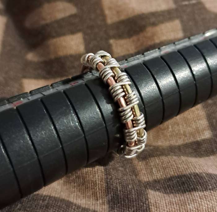 Handmade Copper and Brass Ring woven with Sterling Silver Wire