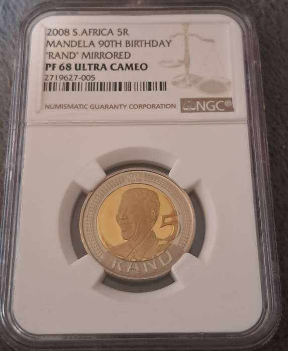High Grade 2008 Proof 68 Mandela 5 Rand coin