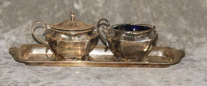 Vintage President Plate EPNS cruet set with original blue glass inserts