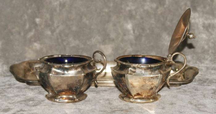 Vintage President Plate EPNS cruet set with original blue glass inserts