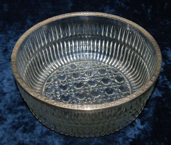 Vintage pressed glass serving bowl with silver plated edge