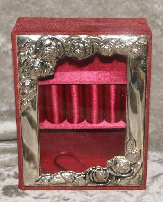 Velvet covered jewellery box with silver plate and glass lid