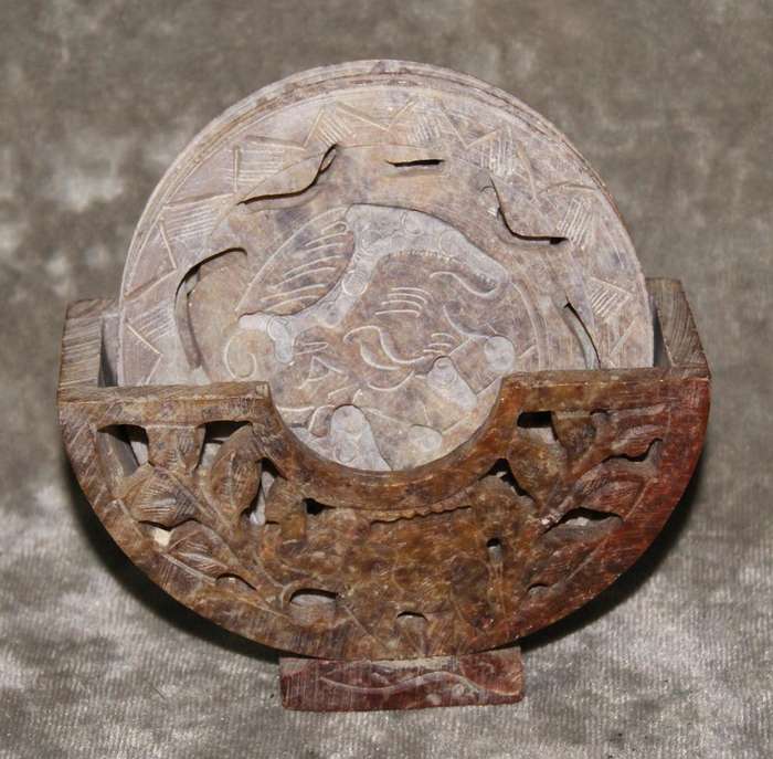 Set of 3 hand carved stone coasters in holder