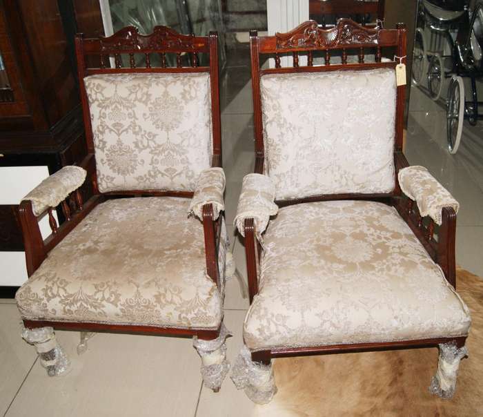 Pair of Antique Victorian Mahogany Lounge Chairs  Ornately Carved with Upholstered Seats