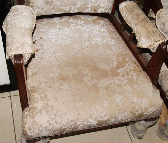 Pair of Antique Victorian Mahogany Lounge Chairs  Ornately Carved with Upholstered Seats