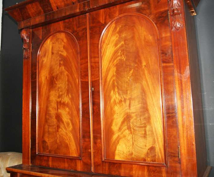 Antique Mahogany Linen Press  Rich Flame Grain & Carved Details