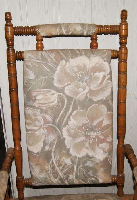 Pair of Vintage American Beechwood Rocking Chairs  Spindle Frame with Floral Upholstery
