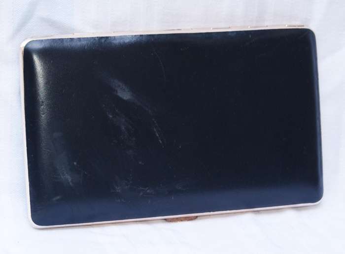 Vintage Gilded Metal Cigarette Case with Black Leatherette Cover