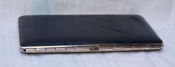 Vintage Gilded Metal Cigarette Case with Black Leatherette Cover
