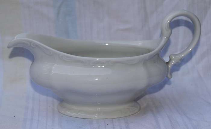Vintage White Porcelain Gravy Boat  Ornate Handle