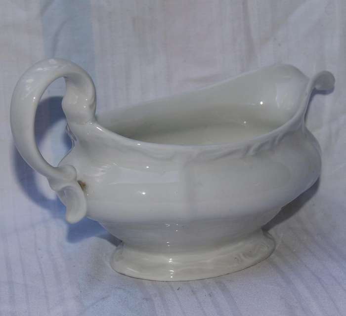 Vintage White Porcelain Gravy Boat  Ornate Handle