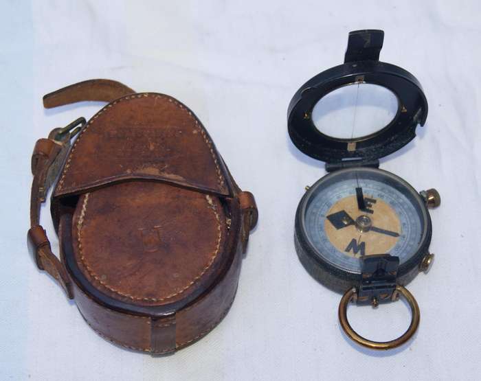 Antique WWI H. Hughes & Son Brass Marching Compass  Original Leather Case